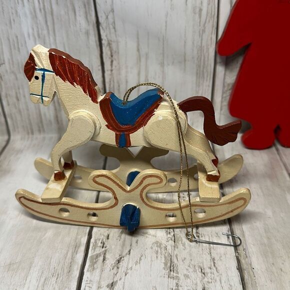 Vintage Wooden Christmas Ornaments 2 Rocking Horses Red Green Dress Lady - Picture 7 of 9
